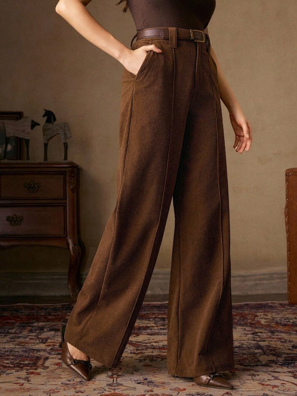 Brown Casual Women's Corduroy Trousers with Design Belt - Picture 3 of 7